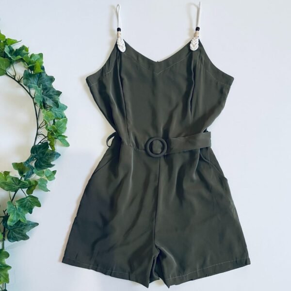 Olive Green Belted Sleeveless Summer Romper